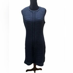 St. John Open Crochet Knit Sheath Dress in dark navy size 8 midi dress lined